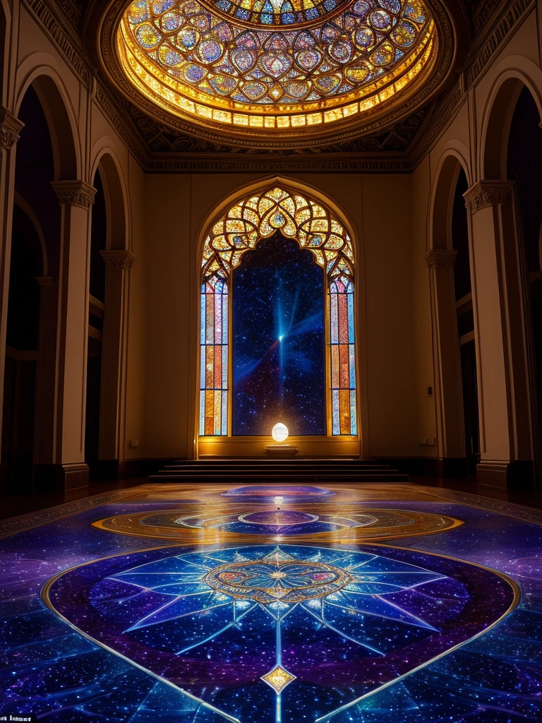  mesmerizing sight, Moonlight flows elegantly through intricate stained glass windows, A heavenly dance of light and color, Dream scenes, Sophisticated tones add a mysterious atmosphere to the room, Moonlight casts bright patterns on the floor, moments of transcendence and tranquility, glass panels reveal kaleidoscope of colors, Fusion of spirituality and art, A soft glow illuminates the sacred space, A captivating fusion of heavenly and earthly beauty, The room is bathed in a magical atmosphere, The connection between mortals and gods, The soft light of the moon carries the whispers of the universe, The world holds its breath before such heavenly art