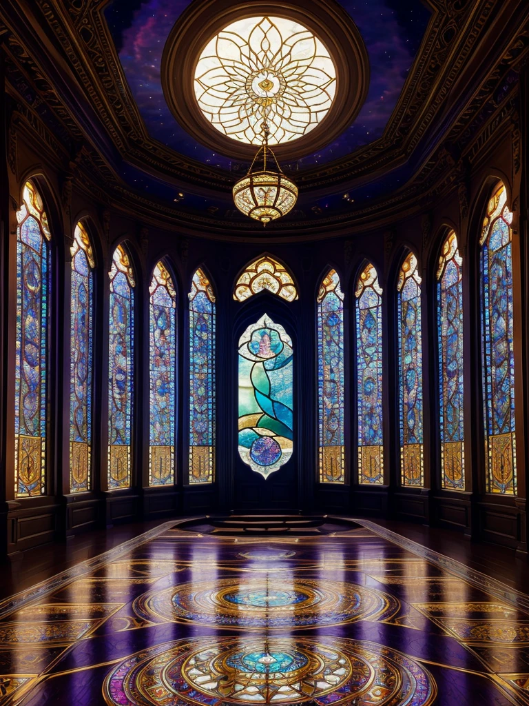  mesmerizing sight, Moonlight flows elegantly through intricate stained glass windows, A heavenly dance of light and color, Dream scenes, Sophisticated tones add a mysterious atmosphere to the room, Moonlight casts bright patterns on the floor, moments of transcendence and tranquility, glass panels reveal kaleidoscope of colors, Fusion of spirituality and art, A soft glow illuminates the sacred space, A captivating fusion of heavenly and earthly beauty, The room is bathed in a magical atmosphere, The connection between mortals and gods, The soft light of the moon carries the whispers of the universe, The world holds its breath before such heavenly art