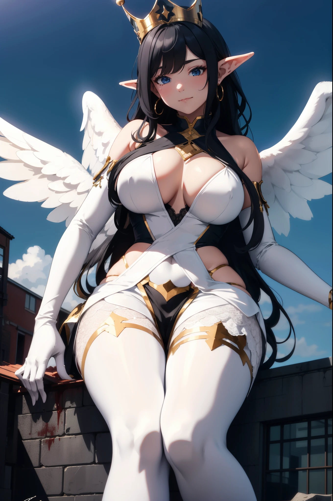 giant girl 50,000 feet high，Weight 1000kg，Has a pair of long legs，Open your eyes wide，Has a pair of huge white angel wings，With huge devil horns on his head，crown on head，Elf wearing white earrings，She has long black hair that reaches her feet，loose hair，Black wavy long curly hair，Wearing a pair of white boots，White lace gloves，White lace pantyhose，Pantyhose with bow and star decorations，白色蕾丝whole body，sitting on a tall building，Beautiful appearance，Exquisite makeup，quality，8k，高quality，Perfect proportion, Cinema lighting，film grain，Fuji colors，8k，textured skin，Super details，high detail，high resolution，fake smile，blood stains，脚底有blood stains，whole body，Obese，elf princess，feather，flowers