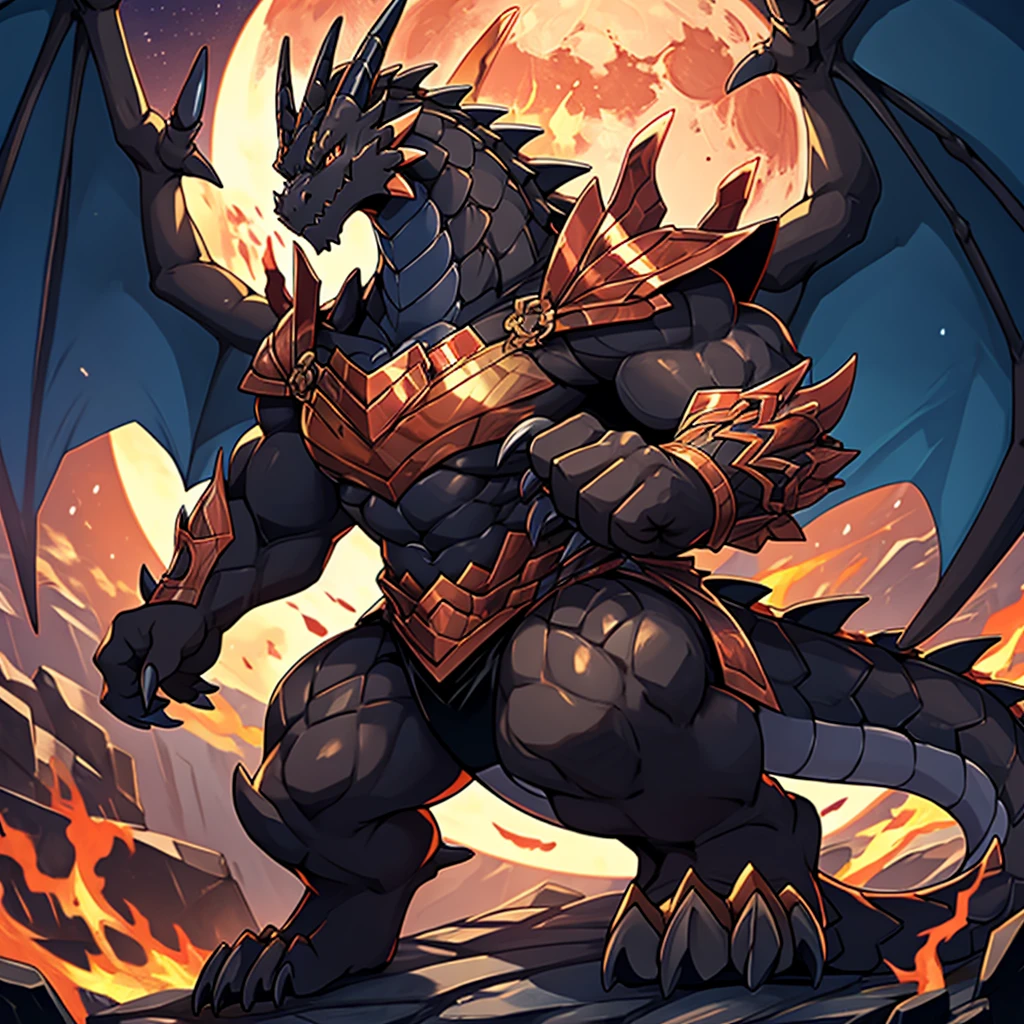 (The violent and powerful Black Dragon King,Wearing modern black and gold armor:200),Fierce dragon-shaped demon,(Broad dragon body,majestic wingspan,Sharp dragon claws,thick dragon tail,The huge black dragon king,Huge dragon claws:2),Strong build,(blue flames:2),Dragon legs apart,blood moon,huge mount,full body picture,Very detailed,4K HD