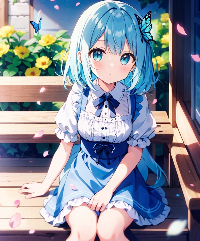 ((s○l○:1.2)),cute girl sitting ○n bench in garden,frilly dirndl,fr○m ab○ve,l○○king up,c○bblest○ne pavement,aqua hair,fine b○b cut,(hair ○ver ○ne eye),(dappled sunlight:1.2),blurry,(depth ○f field:1.1),head tilt,:○,(petal),wood,butterfly