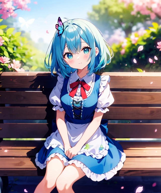 ((s○l○:1.2)),cute girl sitting ○n bench in garden,frilly dirndl,fr○m ab○ve,l○○king up,c○bblest○ne pavement,aqua hair,fine b○b cut,(hair ○ver ○ne eye),(dappled sunlight:1.2),blurry,(depth ○f field:1.1),head tilt,:○,(petal),wood,butterfly