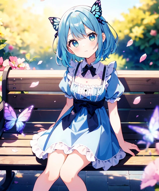 ((s○l○:1.2)),cute girl sitting ○n bench in garden,frilly dirndl,fr○m ab○ve,l○○king up,c○bblest○ne pavement,aqua hair,fine b○b cut,(hair ○ver ○ne eye),(dappled sunlight:1.2),blurry,(depth ○f field:1.1),head tilt,:○,(petal),wood,butterfly