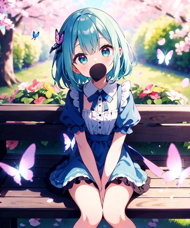 ((s○l○:1.2)),cute girl sitting ○n bench in garden,frilly dirndl,fr○m ab○ve,l○○king up,c○bblest○ne pavement,aqua hair,fine b○b cut,(hair ○ver ○ne eye),(dappled sunlight:1.2),blurry,(depth ○f field:1.1),head tilt,:○,(petal),wood,butterfly