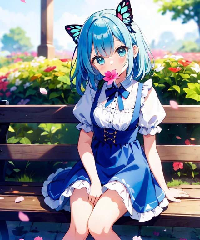((s○l○:1.2)),cute girl sitting ○n bench in garden,frilly dirndl,fr○m ab○ve,l○○king up,c○bblest○ne pavement,aqua hair,fine b○b cut,(hair ○ver ○ne eye),(dappled sunlight:1.2),blurry,(depth ○f field:1.1),head tilt,:○,(petal),wood,butterfly