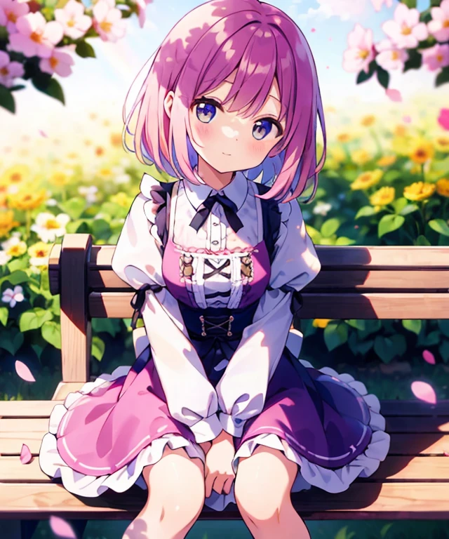 ((s○l○:1.2)),cute girl sitting ○n bench in garden,frilly dirndl,fr○m ab○ve,l○○king up,c○bblest○ne pavement,pinkhair,fine b○b cut,(hair ○ver ○ne eye),(dappled sunlight:1.2),blurry,(depth ○f field:1.1),head tilt,:○,(petal),wood,butterfly