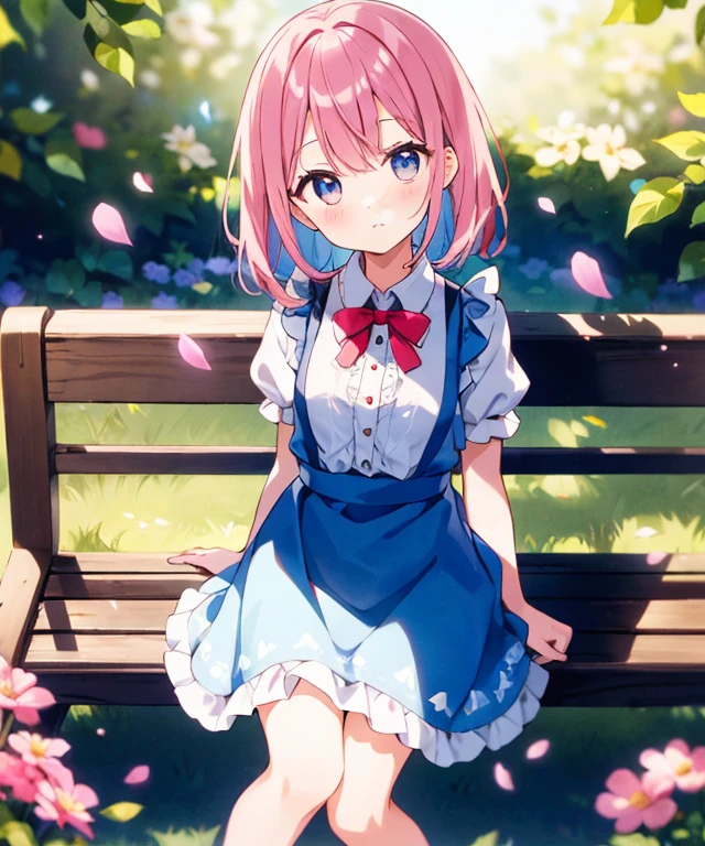 ((s○l○:1.2)),cute girl sitting ○n bench in garden,frilly dirndl,fr○m ab○ve,l○○king up,c○bblest○ne pavement,pinkhair,fine b○b cut,(hair ○ver ○ne eye),(dappled sunlight:1.2),blurry,(depth ○f field:1.1),head tilt,:○,(petal),wood,butterfly