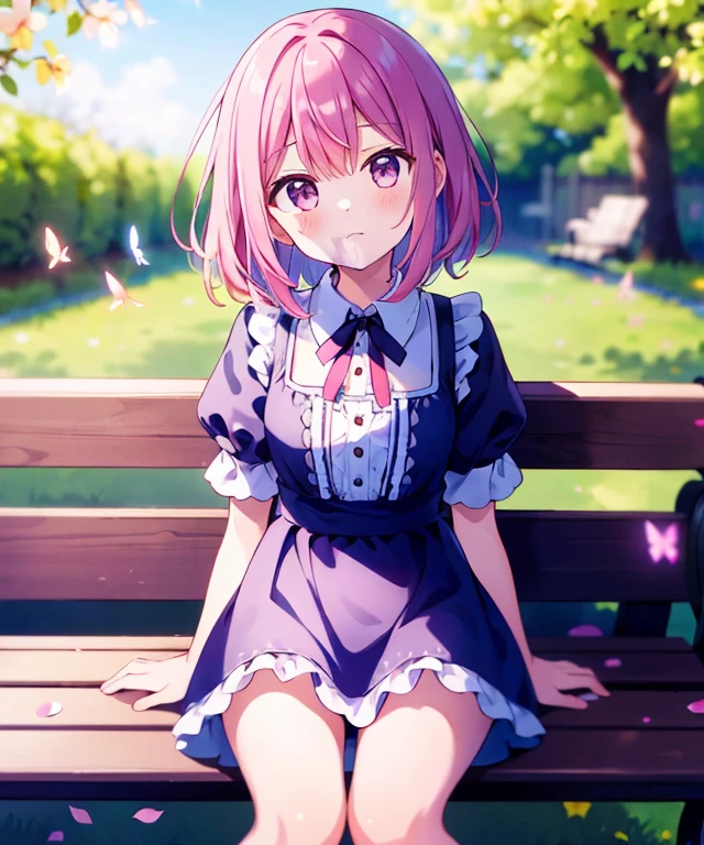 ((s○l○:1.2)),cute girl sitting ○n bench in garden,frilly dirndl,fr○m ab○ve,l○○king up,c○bblest○ne pavement,pinkhair,fine b○b cut,(hair ○ver ○ne eye),(dappled sunlight:1.2),blurry,(depth ○f field:1.1),head tilt,:○,(petal),wood,butterfly