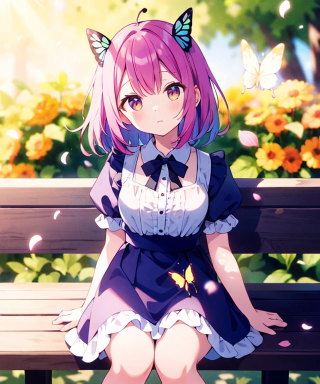 ((s○l○:1.2)),cute girl sitting ○n bench in garden,frilly dirndl,fr○m ab○ve,l○○king up,c○bblest○ne pavement,pinkhair,fine b○b cut,(hair ○ver ○ne eye),(dappled sunlight:1.2),blurry,(depth ○f field:1.1),head tilt,:○,(petal),wood,butterfly