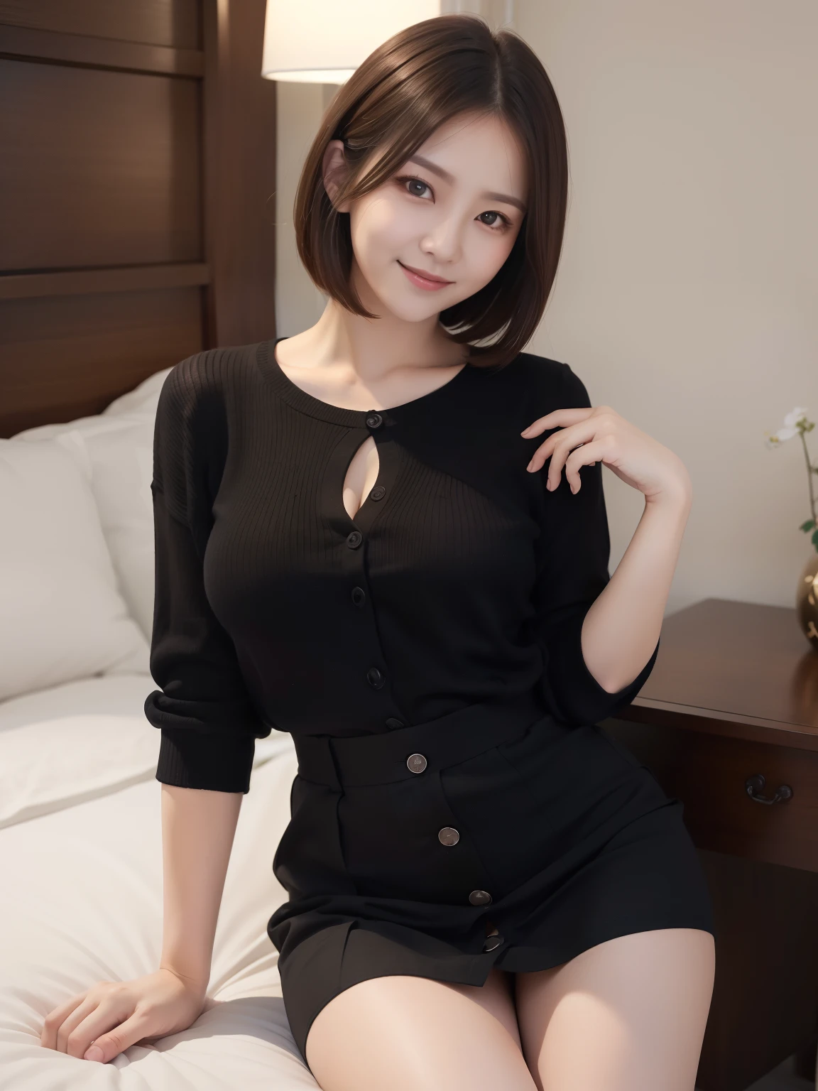 ((masterpiece))、((highest quality))、photograph、reality、High level image quality、Super detailed、married woman、30 generations、delicate features、short hair、Realistic background and accessories、large and soft chest、sexy smile、Black see-through shirt、Tight knitted skirt、Bedroom、sex appeal、late night、Table Light、Button disengages、deep cleavage、