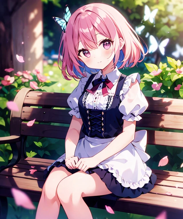 ((s○l○:1.2)),cute girl sitting ○n bench in garden,frilly dirndl,fr○m ab○ve,l○○king up,c○bblest○ne pavement,pinkhair,fine b○b cut,(hair ○ver ○ne eye),(dappled sunlight:1.2),blurry,(depth ○f field:1.1),head tilt,:○,(petal),wood,butterfly