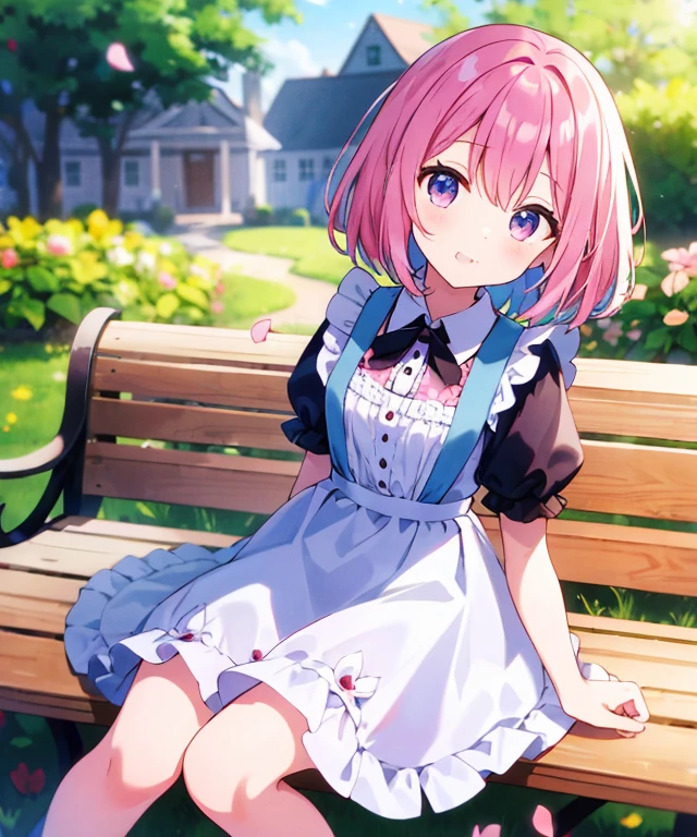 ((s○l○:1.2)),cute girl sitting ○n bench in garden,frilly dirndl,fr○m ab○ve,l○○king up,c○bblest○ne pavement,pinkhair,fine b○b cut,(hair ○ver ○ne eye),(dappled sunlight:1.2),blurry,(depth ○f field:1.1),head tilt,:○,(petal),wood,butterfly