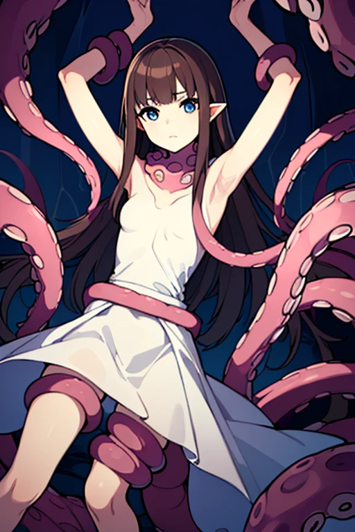 ((masterpiece)), ((best quality)), (ultra-detailed),(in the cave),(monster),(((many tentacles wrap arotnd the body))),a cute girl, 1girl, solo, (white girly dress),((many tentacles bound arms)), ((thin waist)),large breast, slim, slender,beautiful brown hair, beautiful blue eyes, (beautiful eyes), long hair,troubled expressio