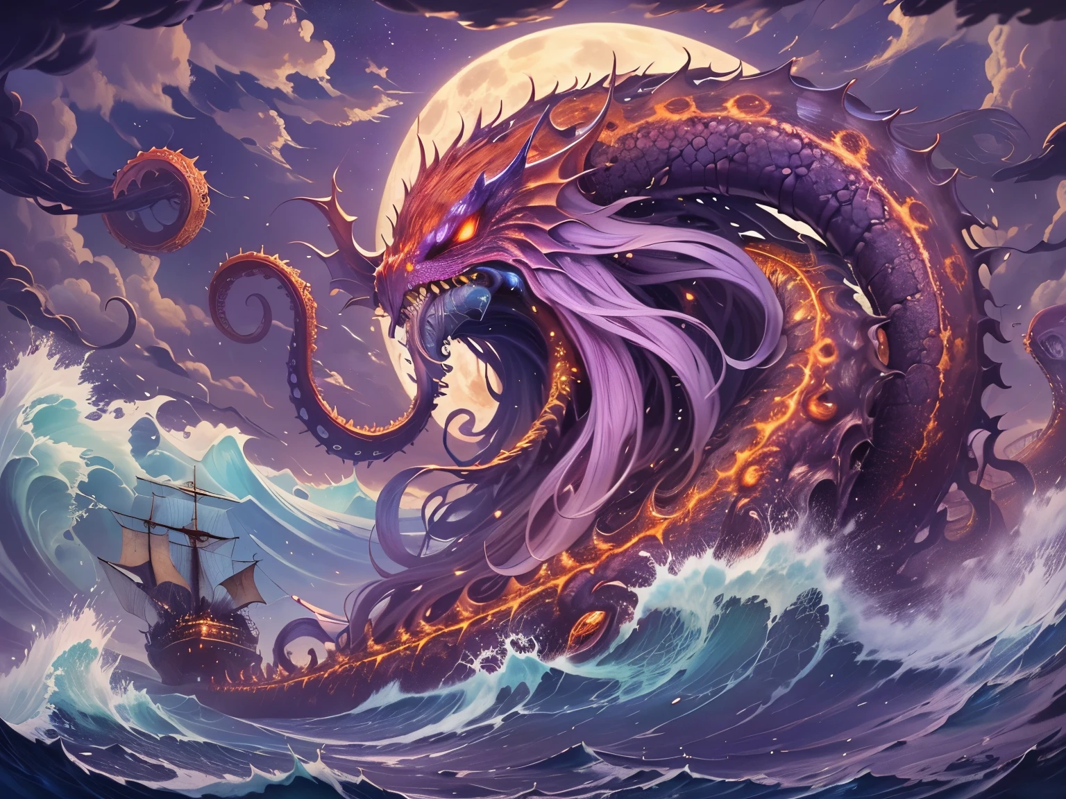 A gigantic octopus-like sea monster rips through the ocean, roaring with all it's anger waves surround him, the dark ocean only reflects the big white moon behind the serpent, the sky in purple and red colours, the pirate ship firing the canon at the sea monster.