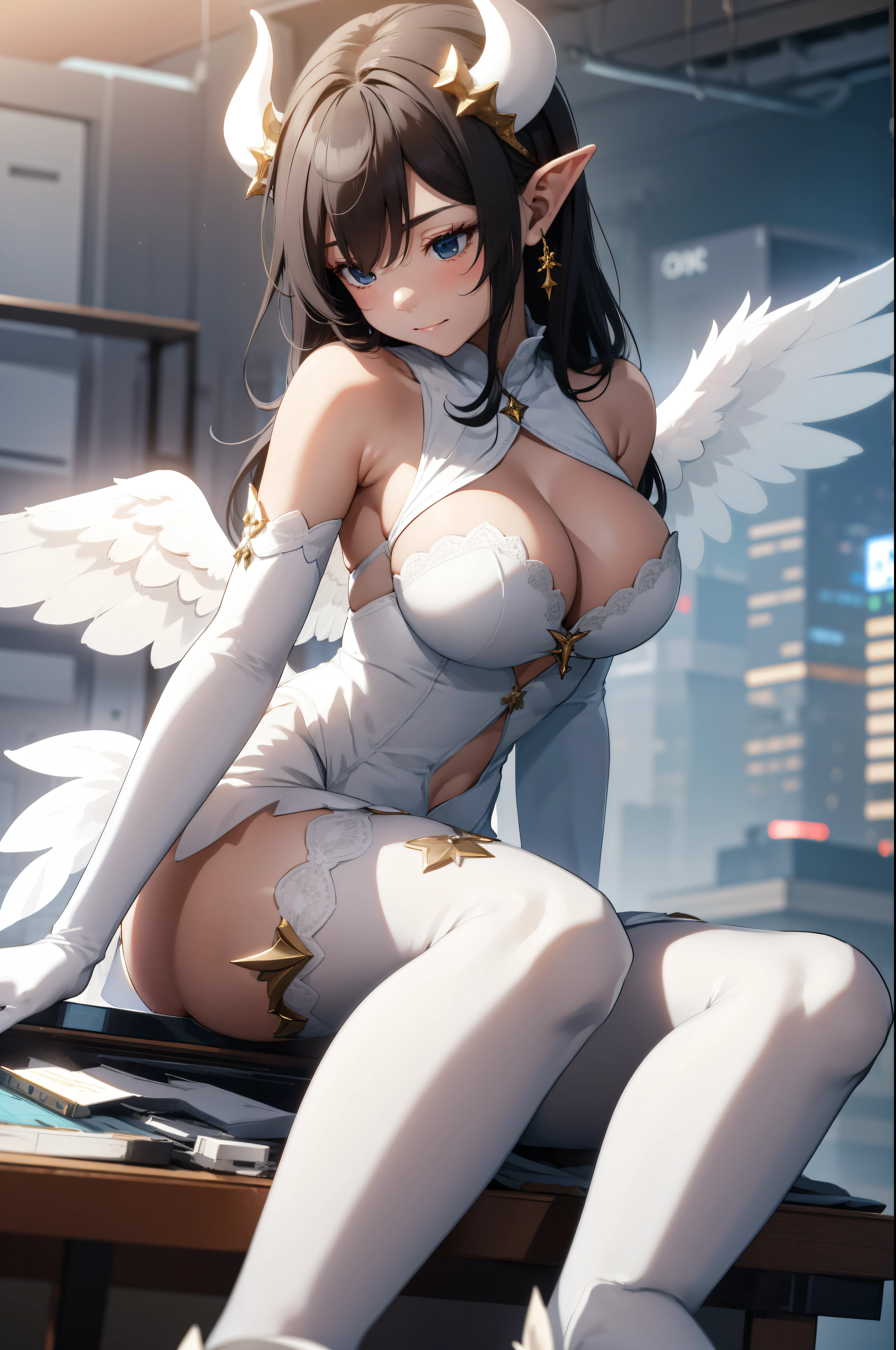 giant girl 50,000 feet high,Weight 1000kg,Have a pair of long legs,Keep your eyes open,Has a pair of huge white angel wings,With huge devil horns on his head,wear a crown on your head,Elf wearing white earrings,She has long black hair that reaches her feet,loose hair,Black wavy long curly hair,Wearing a pair of white boots on her feet,White lace gloves,White lace pantyhose,Bow and star embellished tights,白色蕾丝whole body,Sit on a tall building,Beautiful appearance,Exquisite makeup,quality,8k,高quality,Perfect proportion, Cinema lighting,film grain,Fuji colors,8k,textured skin,Super details,high detail,high resolution,fake smile,blood stains,脚底有blood stains,whole body,fat,elf princess,feather,flowers