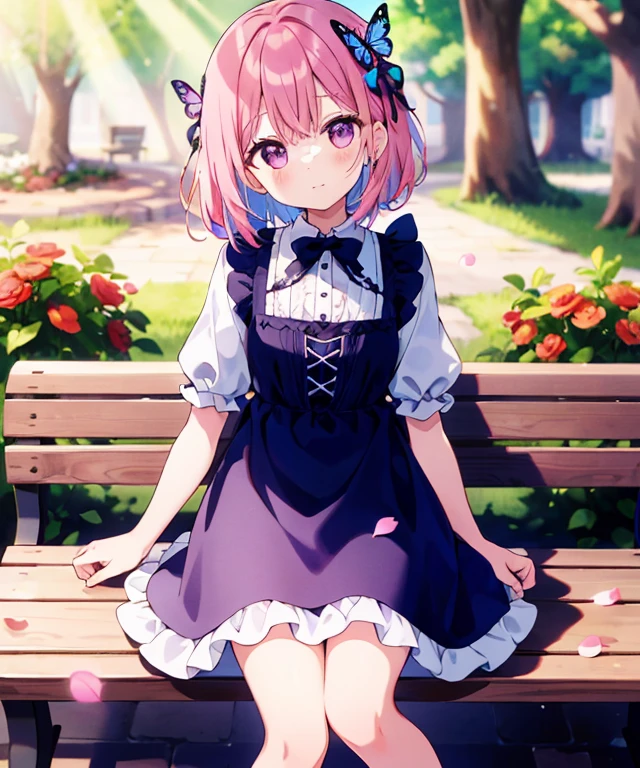 ((s○l○:1.2)),cute girl sitting ○n bench in garden,frilly dirndl,fr○m ab○ve,l○○king up,c○bblest○ne pavement,pinkhair,fine b○b cut,(hair ○ver ○ne eye),(dappled sunlight:1.2),blurry,(depth ○f field:1.1),head tilt,:○,(petal),wood,butterfly