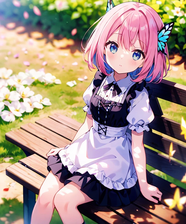 ((s○l○:1.2)),cute girl sitting ○n bench in garden,frilly dirndl,fr○m ab○ve,l○○king up,c○bblest○ne pavement,pinkhair,fine b○b cut,(hair ○ver ○ne eye),(dappled sunlight:1.2),blurry,(depth ○f field:1.1),head tilt,:○,(petal),wood,butterfly