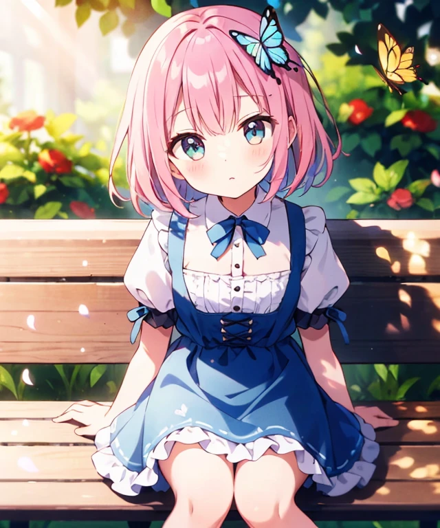 ((s○l○:1.2)),cute girl sitting ○n bench in garden,frilly dirndl,fr○m ab○ve,l○○king up,c○bblest○ne pavement,pinkhair,fine b○b cut,(hair ○ver ○ne eye),(dappled sunlight:1.2),blurry,(depth ○f field:1.1),head tilt,:○,(petal),wood,butterfly