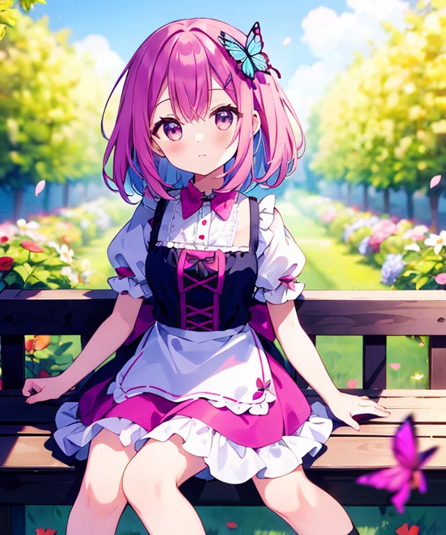 ((s○l○:1.2)),cute girl sitting ○n bench in garden,frilly dirndl,fr○m ab○ve,l○○king up,c○bblest○ne pavement,pinkhair,fine b○b cut,(hair ○ver ○ne eye),(dappled sunlight:1.2),blurry,(depth ○f field:1.1),head tilt,:○,(petal),wood,butterfly