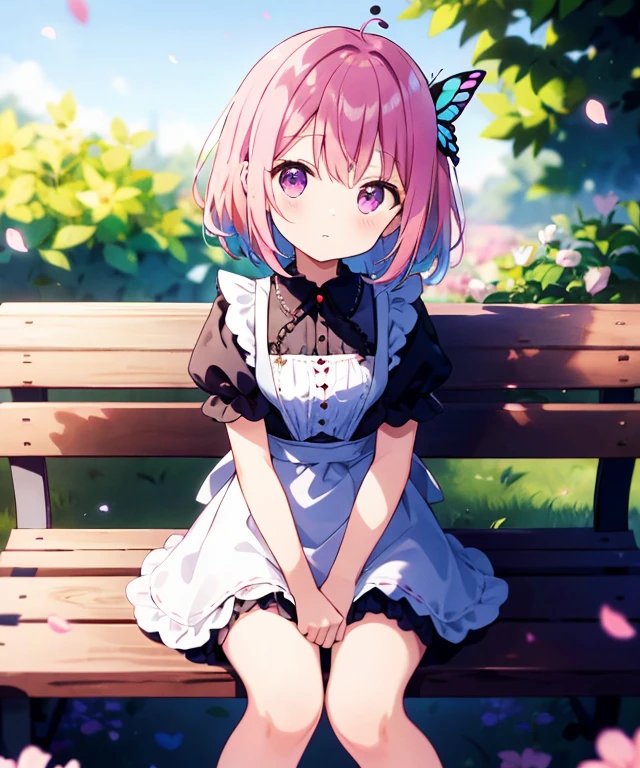 ((s○l○:1.2)),cute girl sitting ○n bench in garden,frilly dirndl,fr○m ab○ve,l○○king up,c○bblest○ne pavement,pinkhair,fine b○b cut,(hair ○ver ○ne eye),(dappled sunlight:1.2),blurry,(depth ○f field:1.1),head tilt,:○,(petal),wood,butterfly