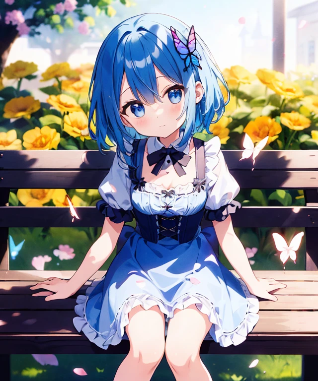 ((s○l○:1.2)),cute girl sitting ○n bench in garden,frilly dirndl,fr○m ab○ve,l○○king up,c○bblest○ne pavement,bleu hair,fine b○b cut,(hair ○ver ○ne eye),(dappled sunlight:1.2),blurry,(depth ○f field:1.1),head tilt,:○,(petal),wood,butterfly