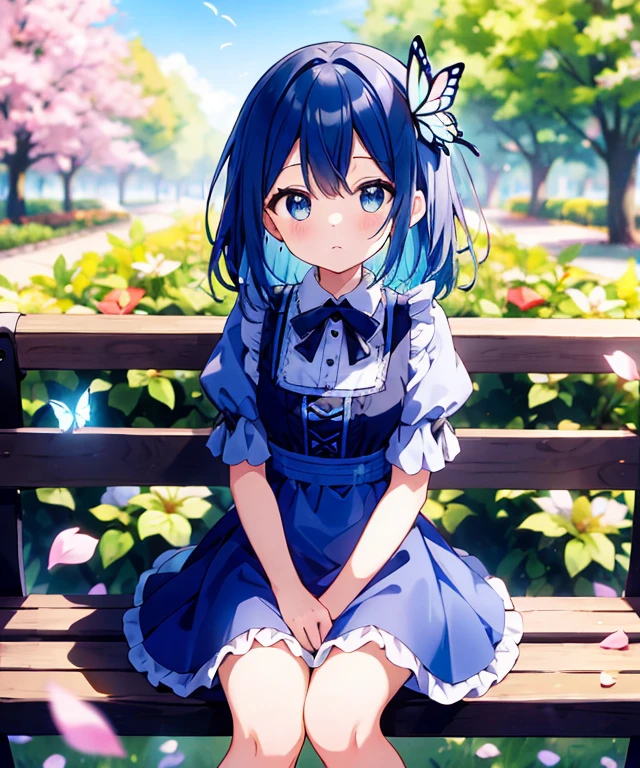 ((s○l○:1.2)),cute girl sitting ○n bench in garden,frilly dirndl,fr○m ab○ve,l○○king up,c○bblest○ne pavement,bleu hair,fine b○b cut,(hair ○ver ○ne eye),(dappled sunlight:1.2),blurry,(depth ○f field:1.1),head tilt,:○,(petal),wood,butterfly