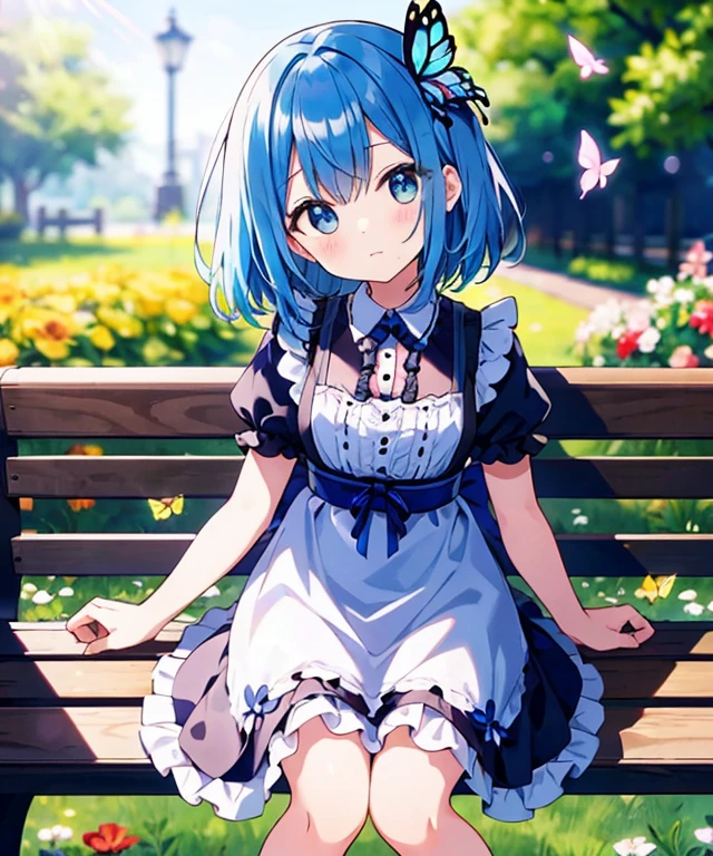 ((s○l○:1.2)),cute girl sitting ○n bench in garden,frilly dirndl,fr○m ab○ve,l○○king up,c○bblest○ne pavement,bleu hair,fine b○b cut,(hair ○ver ○ne eye),(dappled sunlight:1.2),blurry,(depth ○f field:1.1),head tilt,:○,(petal),wood,butterfly