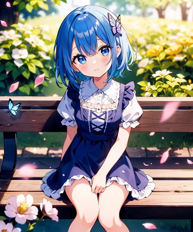 ((s○l○:1.2)),cute girl sitting ○n bench in garden,frilly dirndl,fr○m ab○ve,l○○king up,c○bblest○ne pavement,bleu hair,fine b○b cut,(hair ○ver ○ne eye),(dappled sunlight:1.2),blurry,(depth ○f field:1.1),head tilt,:○,(petal),wood,butterfly