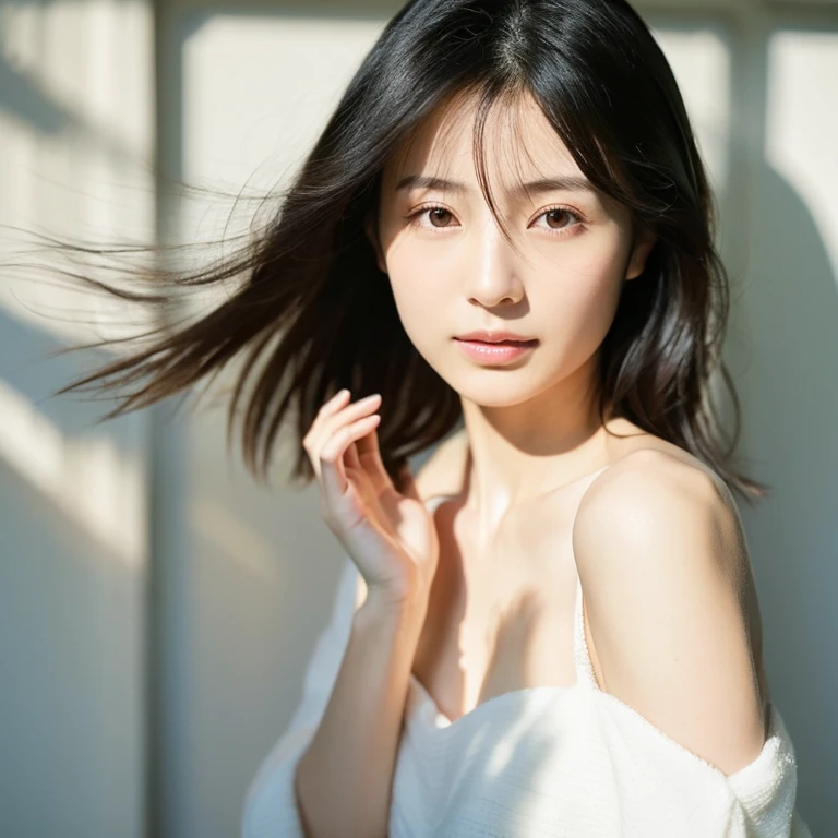 japanese woman，skin care，soft sunlight indoors，30 generations，semi-long，white skin，delicate skin，fluttering hair，Mother、Natural black hair，white background