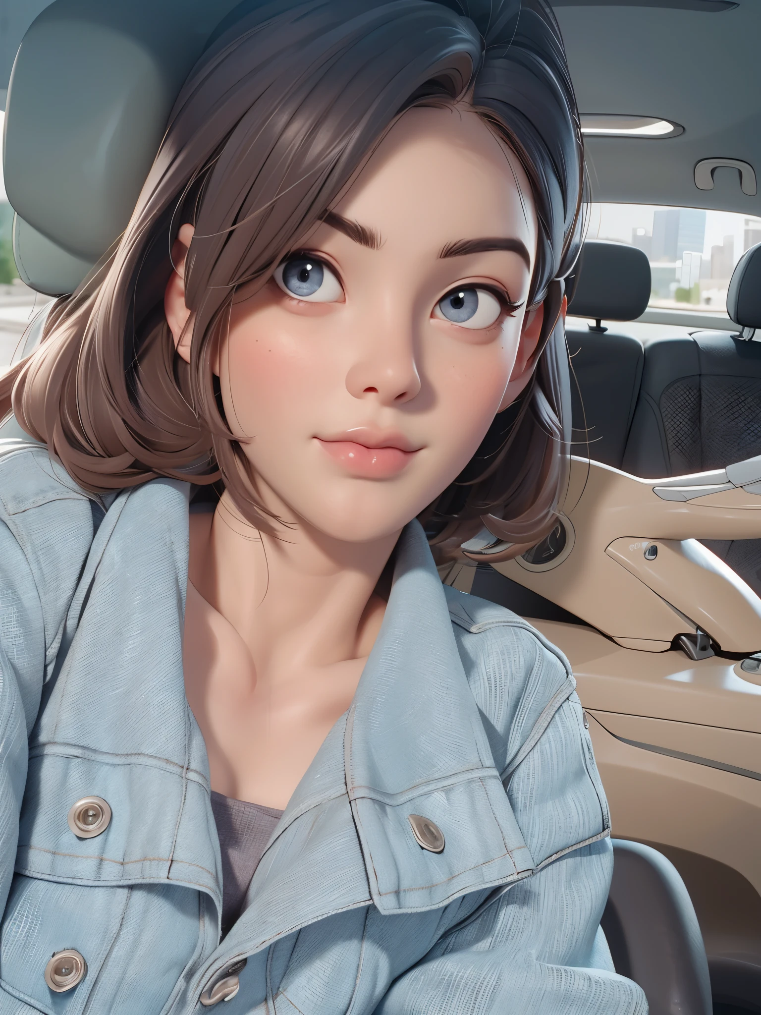 Adele, a 27-year-old Chinese girl with short hair, sitting in a car, wearing a denim jacket. (best quality, 8k), detailed eyes and lips, ultra-detailed facial features, stylish outfit, confident expression, dynamic posture, urban background, HDR lighting, vivid colors, physically-based rendering, portrait style, warm color tones - [denim jacket], [urban landscape], [confident expression], [dynamic posture], [warm color tones], [HDR lighting], [vivid colors], [physically-based rendering].