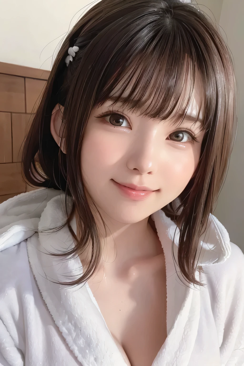 (((high details,high detail、masterpiece,attention to detail))),, realistic , ,young and cute , ,, smile,,,face is flushed,1girl,beautiful woman natural light、,,perm,shiny hair,((hair is wet:1.2)),,,,((flat body))、((slim))、、cute,(Close-up of a headshot:1.3),wearing a thick bathrobe、Ribbon headband made from towel fabric,up hair、(((Large bathrobe)))