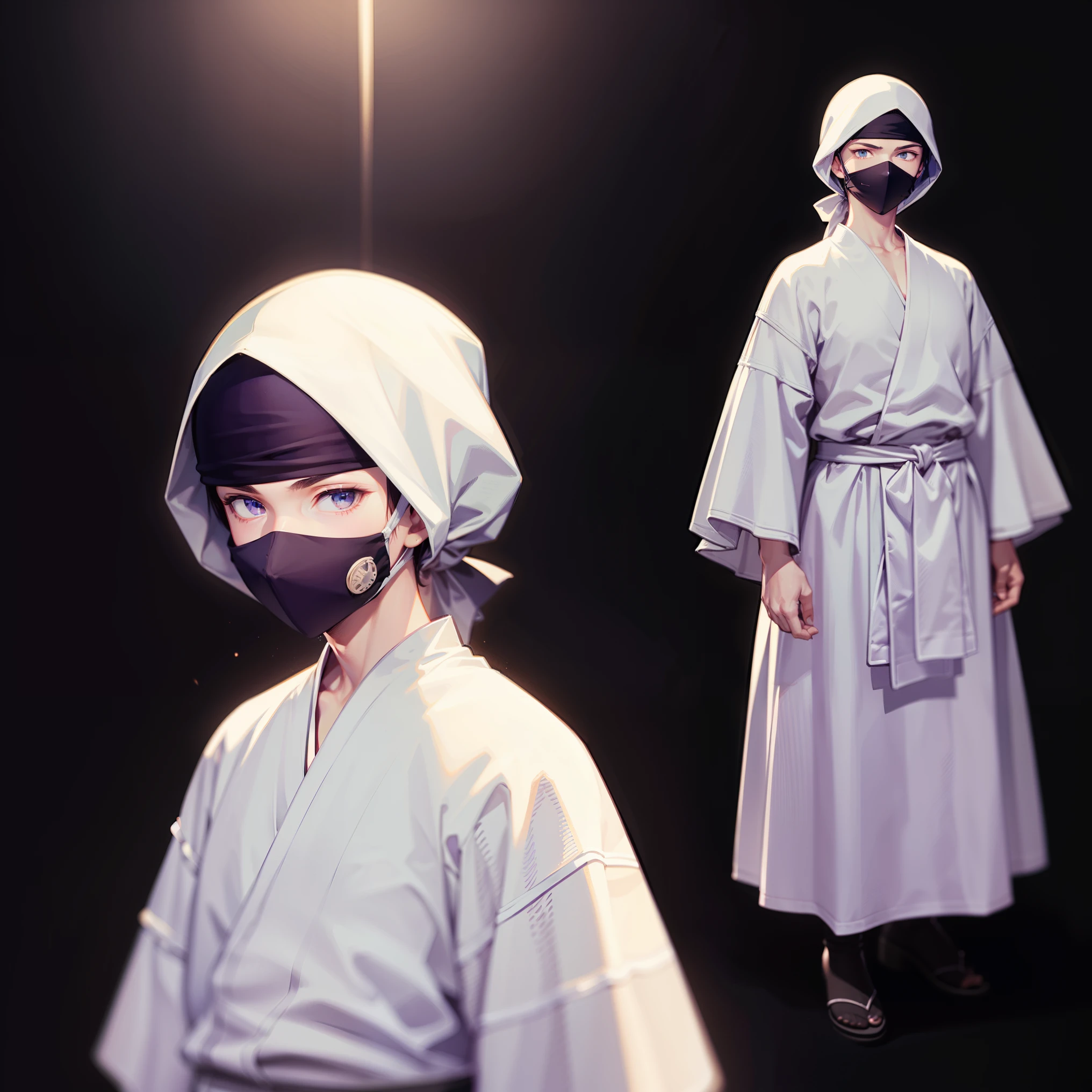 quadratic element,style of anime,Male Ninja,The proportions are correct,Face totally covered under mask,Ninja,bald completely shaved hairstyle,Neck details,There is an Adam's apple,White clothes, White oldfasion bandana mask, White robe,long white robe,clothes details,Handing over,longer sleeves,all clothes are white color only,Light and shadow tracking,Ray traching,detailed glow,cg render,pin hole eyes,cute,playul,(juvenile sense),Clothing is complicated,Perfect composition,Refinement,high qulity,higher details,Lots of details,The background is complex,a sense of atmosphere,quadratic element,style of anime,Male Ninja,The proportions are correct,Face totally covered under mask,Ninja,bald completely shaved hairstyle,no body skin revealed, Neck details,There is an Adam's apple,White clothes, White oldfasion bandana mask, White robe,long white robe,clothes details,Handing over,longer sleeves,all clothes are white color only,Light and shadow tracking,Ray traching,detailed glow,cg render,pin hole eyes,cute,playul,(juvenile sense),Clothing is complicated,Perfect composition,Refinement,high qulity,higher details,Lots of details,The background is complex,a sense of atmosphere,
