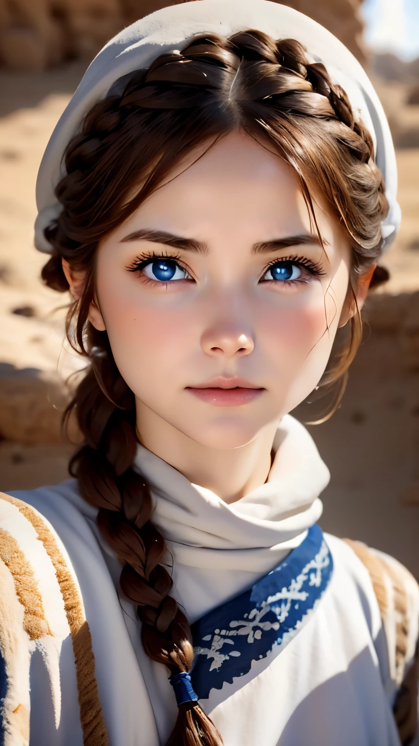 one woman、Perfect good looks、beautiful eyes、brown hair、french braid、snow-white skin、blue eyes、random facial expressions、full cover bedouin costume、Dark red tunic、desert、Dense skin and texture、Dystopia、blurred background、