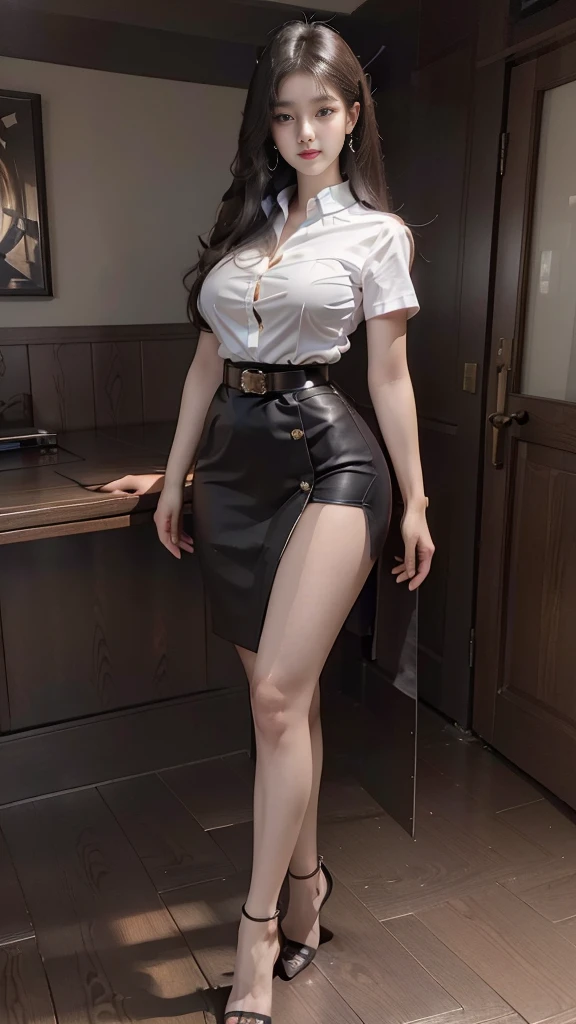 highest resolution, 8K, high definition, นักศึกษาthailand, woman, half-caste, thailand, Japan, Korea, Height 173 centimeters, ((stand)), (Beautiful face, แต่งBeautiful face, Double eyelids, red lips), (black hair, long hair long hairมาก, long hairตรง, long hair, flowing smoothly), (womanที่สวยงาม, The texture is realistic.), (white short sleeve shirt thin shirt, collar shirt, There are buttons., metal buttons, เม็ดmetal buttons), (Huge breasts, Breast augmentation, เต้าBig tits, Big tits), (short black pencil skirt, Very short, Side incision, กระโปรงพร้อมbeltwoman, tight), (Symmetrical shape, sexy figure, small waist, Long legs, Beautiful thighs), (Pitch black high heels, earring, Put on a watch, metal chest brooch, belt), full body photo, Look at every part of the body., university backdrop,