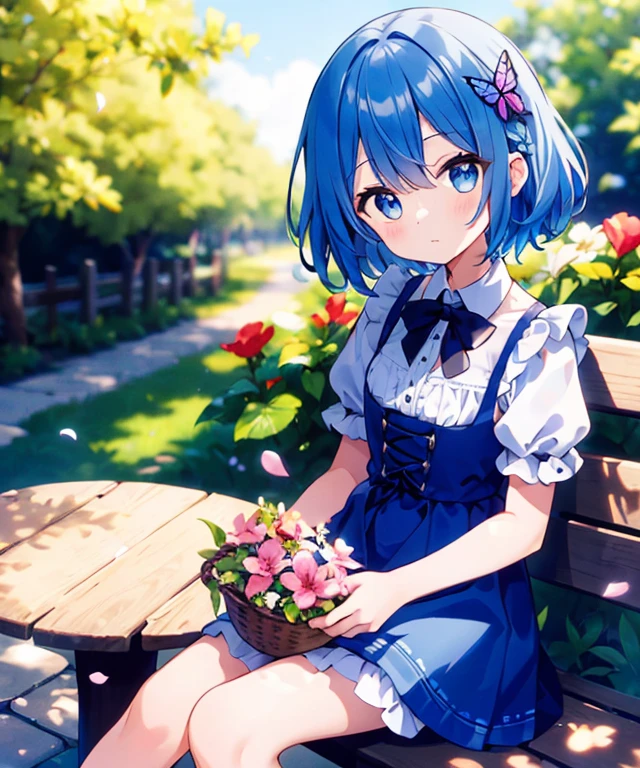 ((s○l○:1.2)),cute girl sitting ○n bench in garden,frilly dirndl,fr○m ab○ve,l○○king up,c○bblest○ne pavement,bleu hair,fine b○b cut,(hair ○ver ○ne eye),(dappled sunlight:1.2),blurry,(depth ○f field:1.1),head tilt,:○,(petal),wood,butterfly