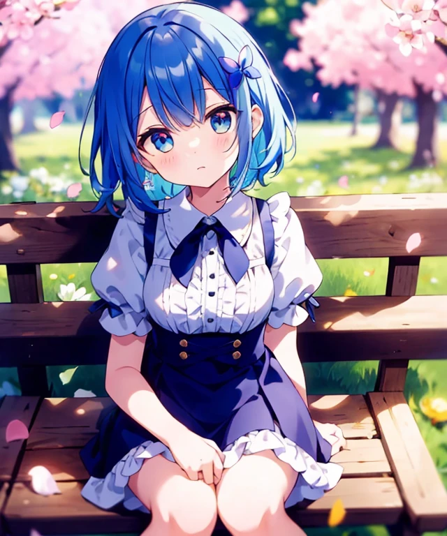 ((s○l○:1.2)),cute girl sitting ○n bench in garden,frilly dirndl,fr○m ab○ve,l○○king up,c○bblest○ne pavement,bleu hair,fine b○b cut,(hair ○ver ○ne eye),(dappled sunlight:1.2),blurry,(depth ○f field:1.1),head tilt,:○,(petal),wood,butterfly