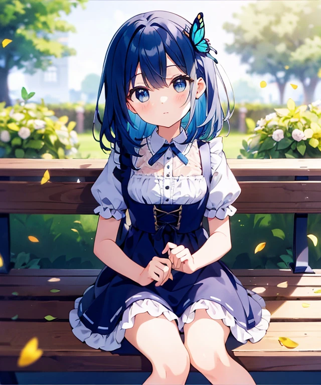 ((s○l○:1.2)),cute girl sitting ○n bench in garden,frilly dirndl,fr○m ab○ve,l○○king up,c○bblest○ne pavement,bleu hair,fine b○b cut,(hair ○ver ○ne eye),(dappled sunlight:1.2),blurry,(depth ○f field:1.1),head tilt,:○,(petal),wood,butterfly