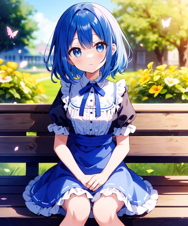 ((s○l○:1.2)),cute girl sitting ○n bench in garden,frilly dirndl,fr○m ab○ve,l○○king up,c○bblest○ne pavement,bleu hair,fine b○b cut,(hair ○ver ○ne eye),(dappled sunlight:1.2),blurry,(depth ○f field:1.1),head tilt,:○,(petal),wood,butterfly