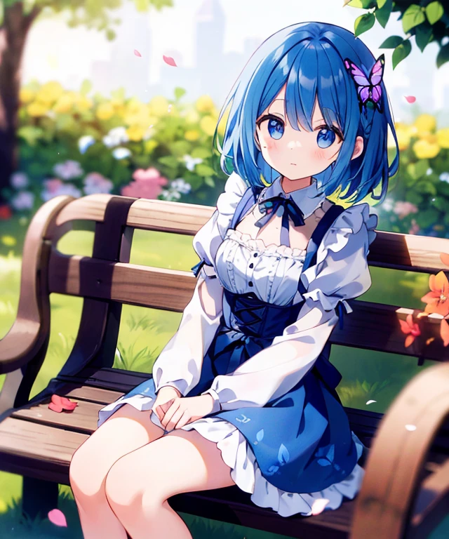 ((s○l○:1.2)),cute girl sitting ○n bench in garden,frilly dirndl,fr○m ab○ve,l○○king up,c○bblest○ne pavement,bleu hair,fine b○b cut,(hair ○ver ○ne eye),(dappled sunlight:1.2),blurry,(depth ○f field:1.1),head tilt,:○,(petal),wood,butterfly