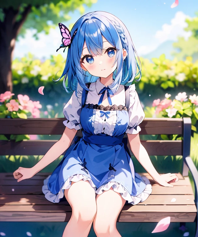 ((s○l○:1.2)),cute girl sitting ○n bench in garden,frilly dirndl,fr○m ab○ve,l○○king up,c○bblest○ne pavement,bleu hair,fine b○b cut,(hair ○ver ○ne eye),(dappled sunlight:1.2),blurry,(depth ○f field:1.1),head tilt,:○,(petal),wood,butterfly