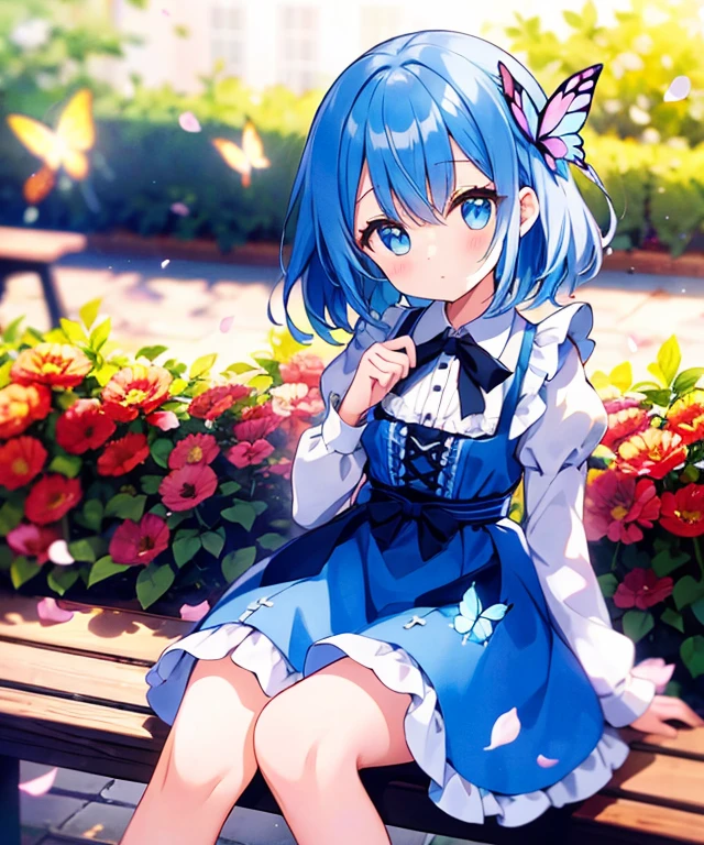((s○l○:1.2)),cute girl sitting ○n bench in garden,frilly dirndl,fr○m ab○ve,l○○king up,c○bblest○ne pavement,bleu hair,fine b○b cut,(hair ○ver ○ne eye),(dappled sunlight:1.2),blurry,(depth ○f field:1.1),head tilt,:○,(petal),wood,butterfly