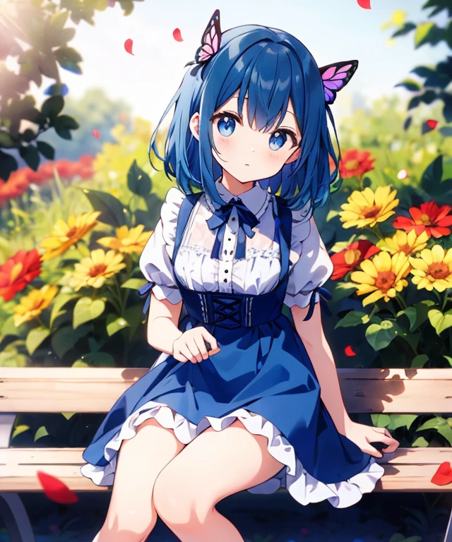 ((s○l○:1.2)),cute girl sitting ○n bench in garden,frilly dirndl,fr○m ab○ve,l○○king up,c○bblest○ne pavement,bleu hair,fine b○b cut,(hair ○ver ○ne eye),(dappled sunlight:1.2),blurry,(depth ○f field:1.1),head tilt,:○,(petal),wood,butterfly