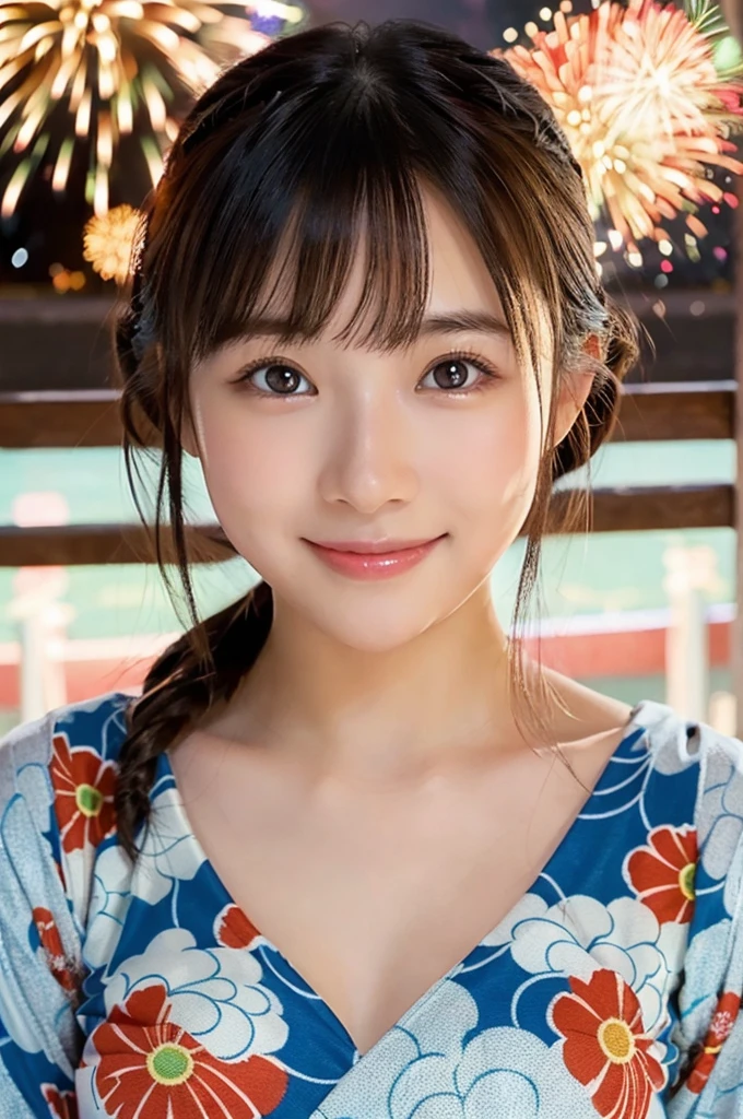 ulzzang -6500-v1.1, (Raw photo:1.2), (Photorealsitic), a beautiful detailed girl, (Real: 1.4), extremely detailed eye and face, ((Yukata with red floral pattern;1.3))、((Fireworks in the background:1.2)), selfee, Instagram、game_nffsw, huge filesize, hight resolution, ighly detailed, top-quality, [​masterpiece:1.6], illustratio, ighly detailed, nffsw, finely detail, top-quality, 8k wallpaper, Cinematographic lighting, 1girl in, 17 age, perfect body type, cute droopy eyes beautiful big eyes、Pieckfinger, ((masutepiece)), Best Quality, eye shadow,  Portrait, ((FULL BODYSHOT:1.4))、(Very affectionate smile:1.2)、realistic skin textures、shinny skin、
