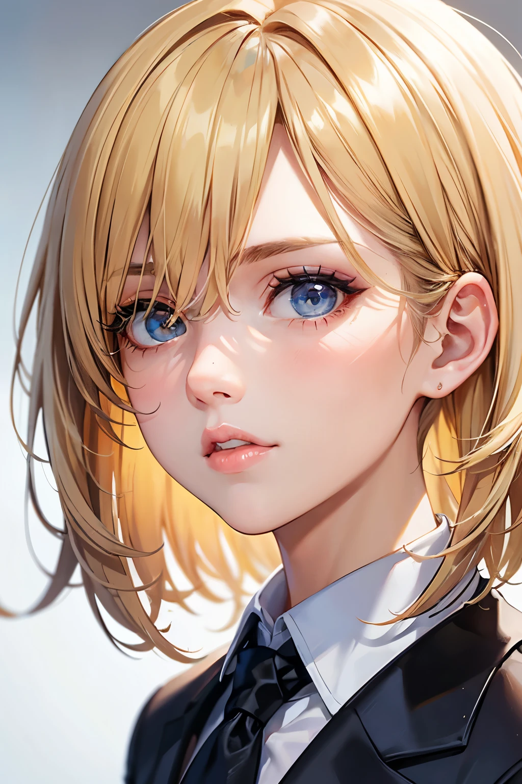 Portrait of a European girl,Single,20 years,Beautiful Face,Object of Obser,hair over one eye,Medium side cut, Blonde hair, Intense focus,Black business suit
