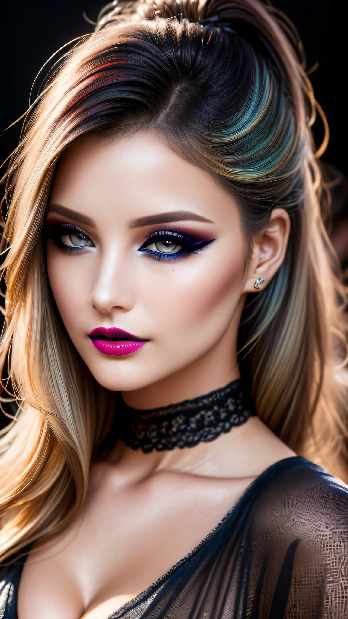 Ultra-realistic、 ultra-detailed primetime photo、 最high quality、 8K、highest level、 The ultra -The high-definition)、(Super beautiful)、(beautiful face:1.5)、(detailed face:1.5)、(detailed eyes:1.2)、(detailed lip:1.2)、(Detailed nose:1.2)、((cleavage:1.1))、((Use any technique, any style, any outfit, choose the color of your eyes, hair and even hairstyles)), ((I encourage you to choose the right background for your phenomenally drawn creation))、 (Use any technique, any style, any outfit, even choose eyes color, ((hair different color than eyes))、 dynamic random fancy hairstyle, whatever and how to do it)、 1girl:1.4 26years old、fashion supermodel、real:1.7、photorealistic:1.7、(very delicate and beautiful、fine details:1.3)、(masterpiece)、 最high quality、 (high quality)、 (absurdres)、 (sharp fous)、(Glamour, paparazzi taking pictures of her)、 contrast、 (dark shot:1.33)、 Long 2blue_eyelashes:1.3、 (dark_eyeshadows:1.35)、 red_lipstick:1.35、((perfect round eyes))、 (dark_red_makeup:1.24)、(matte skin:1.2)、 ((upper body shot))