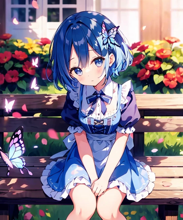((s○l○:1.2)),cute girl sitting ○n bench in garden,frilly dirndl,fr○m ab○ve,l○○king up,c○bblest○ne pavement,bleu hair,fine b○b cut,(hair ○ver ○ne eye),(dappled sunlight:1.2),blurry,(depth ○f field:1.1),head tilt,:○,(petal),wood,butterfly