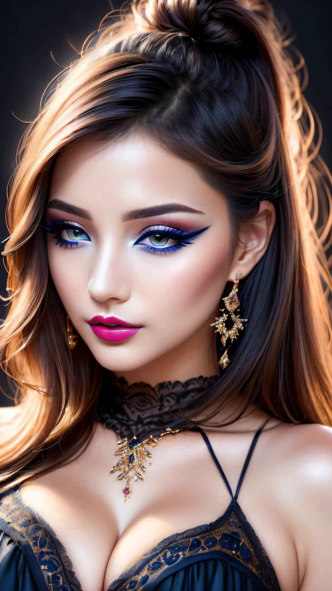 Ultra-realistic、 ultra-detailed primetime photo、 最high quality、 8K、highest level、 The ultra -The high-definition)、(Super beautiful)、(beautiful face:1.5)、(detailed face:1.5)、(detailed eyes:1.2)、(detailed lip:1.2)、(Detailed nose:1.2)、((cleavage:1.1))、((Use any technique, any style, any outfit, choose the color of your eyes, hair and even hairstyles)), ((I encourage you to choose the right background for your phenomenally drawn creation))、 (Use any technique, any style, any outfit, even choose eyes color, ((hair different color than eyes))、 dynamic random fancy hairstyle, whatever and how to do it)、 1girl:1.4 26years old、fashion supermodel、real:1.7、photorealistic:1.7、(very delicate and beautiful、fine details:1.3)、(masterpiece)、 最high quality、 (high quality)、 (absurdres)、 (sharp fous)、(Glamour, paparazzi taking pictures of her)、 contrast、 (dark shot:1.33)、 Long 2blue_eyelashes:1.3、 (dark_eyeshadows:1.35)、 red_lipstick:1.35、((perfect round eyes))、 (dark_red_makeup:1.24)、(matte skin:1.2)、 ((half body shot))