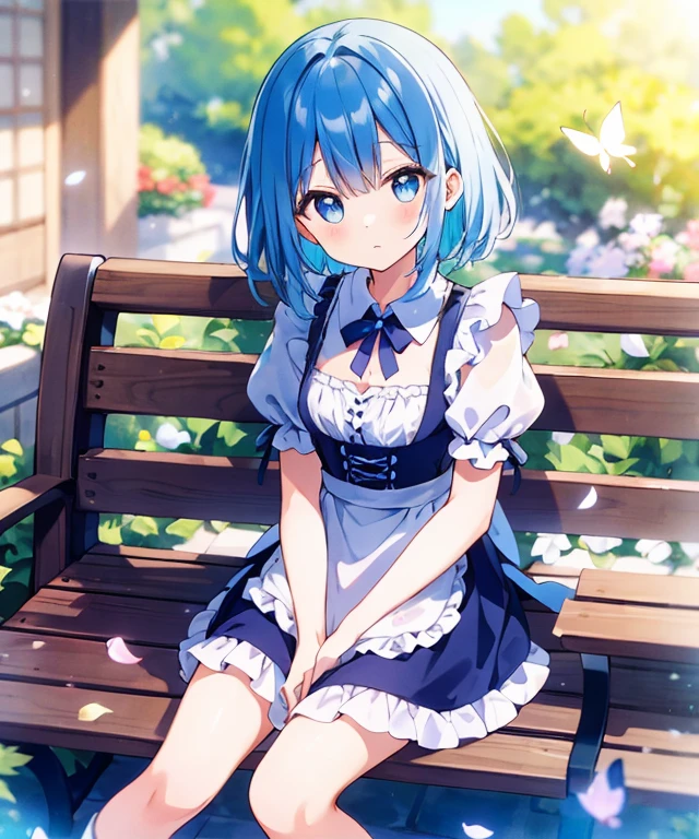 ((s○l○:1.2)),cute girl sitting ○n bench in garden,frilly dirndl,fr○m ab○ve,l○○king up,c○bblest○ne pavement,bleu hair,fine b○b cut,(hair ○ver ○ne eye),(dappled sunlight:1.2),blurry,(depth ○f field:1.1),head tilt,:○,(petal),wood,butterfly