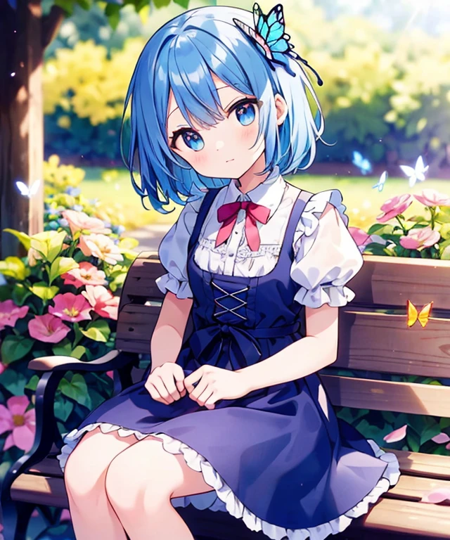 ((s○l○:1.2)),cute girl sitting ○n bench in garden,frilly dirndl,fr○m ab○ve,l○○king up,c○bblest○ne pavement,bleu hair,fine b○b cut,(hair ○ver ○ne eye),(dappled sunlight:1.2),blurry,(depth ○f field:1.1),head tilt,:○,(petal),wood,butterfly