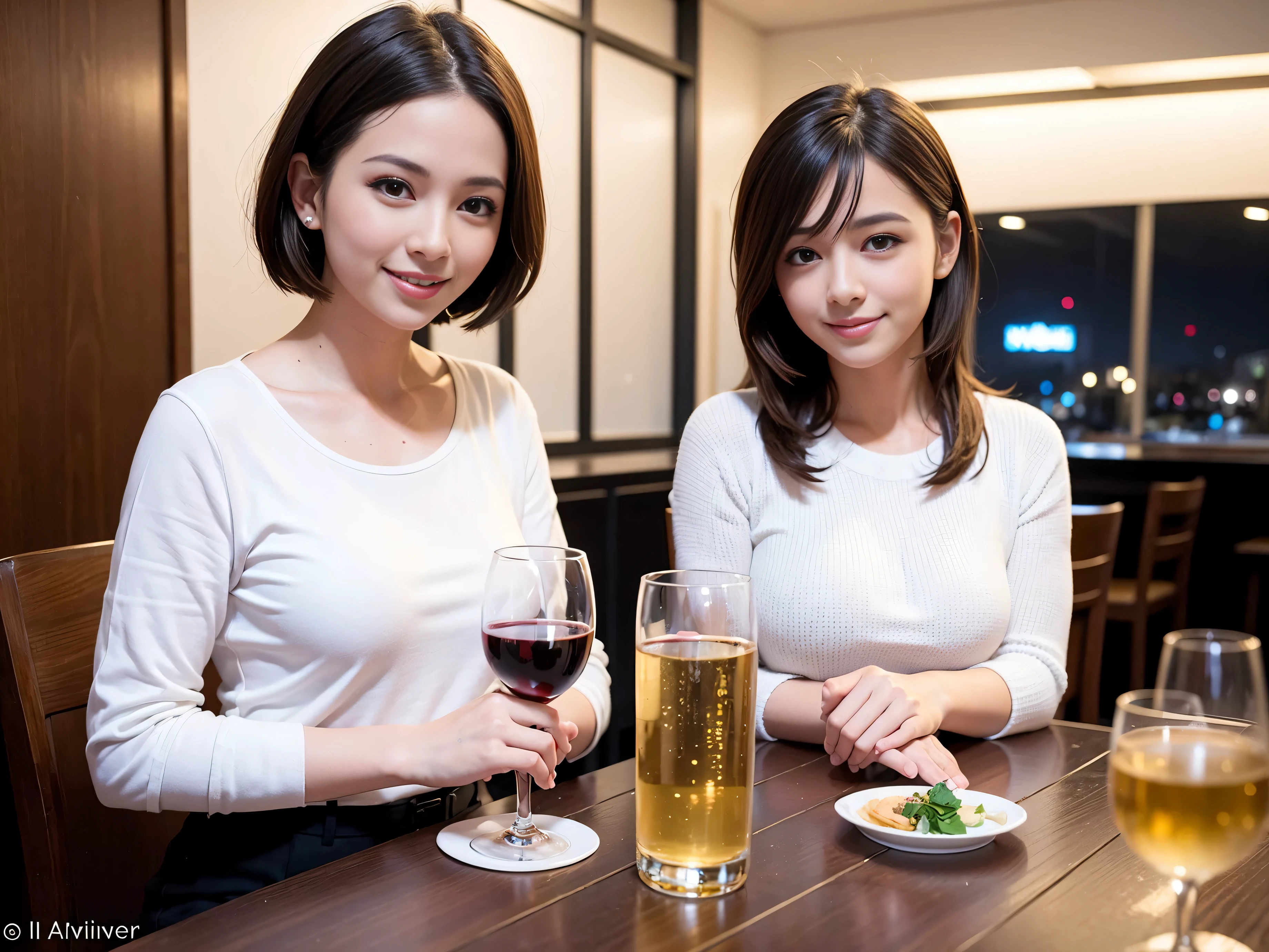 (including 64k, nffsw, highest quality, table top: 1.2), (realistic, photorealistic: 1.37), long sleeve shirt、winter fashion、Colombia、Brazilian、Japanese、Dutch、German、Portuguese、Belgian、Italian、french,champagne、Sparkling wine、 (slimフェイス), (slimボティ), (brown hair), (shortcut), Neat beauty、cheeks blush a little, (35 years old), 38 years old, alone, 窓の外には美しく緻密なnight景が広がります., restaurant, wine glassが座っている, nightに, in a prominent place (from the Upper body) nova frog style, actress, model, Upper body, White wine, slim, wine glass, Super Clean night View, wine glass Put in the Middle, Happy smile, (smile: 1.15), beautiful and detailed eyes, Upper body, bust japan up, night, short, short, actress, model, Upper body, White wine, slim, wine glass, Super Clean night View, wine glass Put in the Middle, Happy smile,
